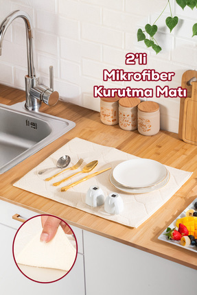 3139-1 2li Mikrofiber Bulaşık Kurulama Matı Kurutma Örtüsü Tezgah Üstü Süper Emici Krem 38*51 cm Image 0