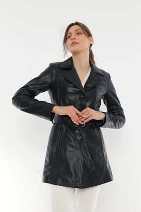 KADIN KEMERLİ HAKİKİ DERİ CEKET Image 1