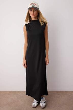 Siyah Dik Yaka Kolsuz Dalgıç/Scuba Örme Astar İçlik Elbise TCTSS24EB00230 Image 1