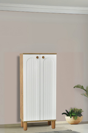 Lidya 2 Kapaklı Ayakkabılık – Atlantik Çam / Beyaz Modern Çizgili Model 60x34x135 Cm Image 0