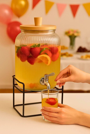 Metal Stantlı Bambu Kapaklı Musluklu Cam Şerbetlik Sebili 3,75 Litre, Limonata Meşrubat Cam Sebili Image 0