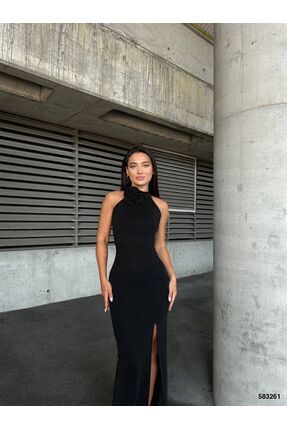 Kadın Siyah Flowers Kumaş Gül Ve Yırtmaç Detay Abiye Mezuniyet Elbisesi Image 1