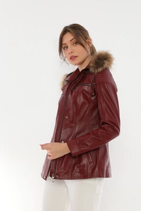 KADIN KÜRKLÜ ŞAPKALI DERİ CEKET Image 3