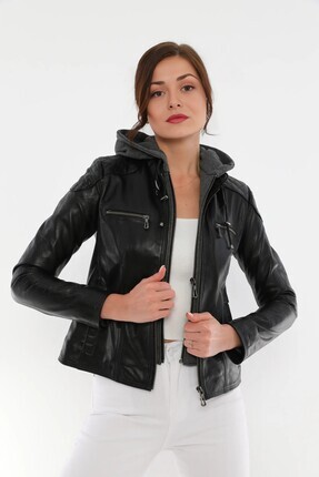 ÇIKARILABİLİR KAPÜŞONLU KADIN DERİ CEKET Image 3