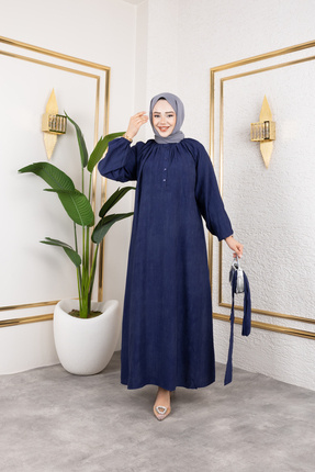 Beli Bağcıklı Hakim Yaka Düğmeli Balon Kol Uzun Elbise Image 5