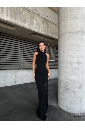 Kadın Siyah Flowers Kumaş Gül Ve Yırtmaç Detay Abiye Mezuniyet Elbisesi Image 0