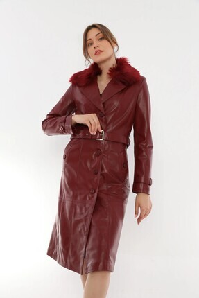 KADIN YAKASI KÜRKLÜ KEMERLİ TRENÇKOT Image 1