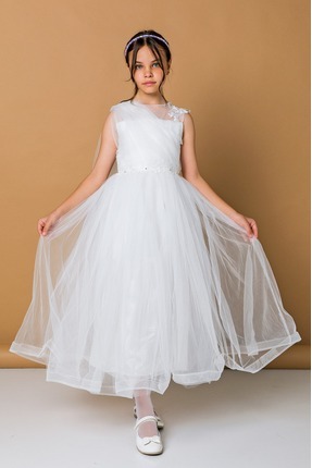 Girls Uzun Tül Detaylı Çiçek Aplikeli Kız Çocuk Abiye Elbise Image 0