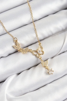316L Çelik Zirkon Taşlı Kelebek Model Gold Renk Kadın Kolye Image 0