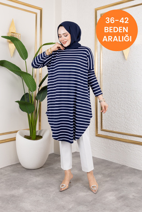 Kadın Lacivert Beyaz Çizgili Kloş Penye Oversize Bisiklet Yaka Yazlık Rahat Tesettür Tunik Image 0