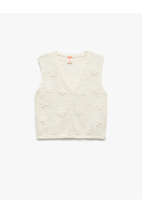 Çiçek Aplikeli Düğmeli V Yaka Triko Süveter Image 0