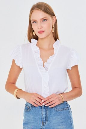 Kadın Beyaz-Lila Yakası Ve Kolları Fırfırlı Bluz ARM-25Y001028 Image 0
