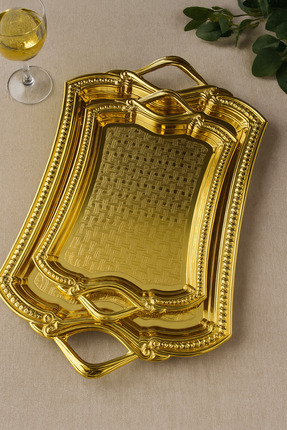 Parlak Gold Renkli Lüks Sunum Tepsi Takımı – 2 Parça Image 0