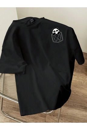 Unisex Oversize Kalpten Çıkan Panda Tasarımlı Penye Tshirt Image 0