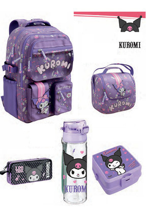 Kuromi İlk Okul Çanta Seti - Orjinal Lisanslı / Cepli Mor Pembe - Beslenme + Kalemlik + Suluk Image 0
