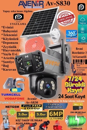 Av-s830 Güneş Enerjili,sım Kartlı 4g,6mp Solar Güvenlik Kamerası,10x Zoom,360,güçlü Batarya Image 0