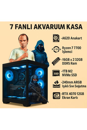 PROXY Ryzen 7 7700 + RTX 4070 12GB + 32GB RAM + 1TB M.2 SSD | 7 Fanlı Akvaryum Gaming PC Image 0