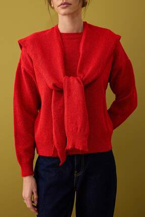 Kırmızı Yumuşak Dokulu Geniş Kalıp Şallı Triko Kazak TWOAW26KZ00166 Image 3