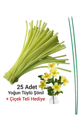 25 Adet Açık Sarı Renkli Şönil, 2 Adet Çiçek Teli Hediye, Çiçek Yapımına Uygun Tüylü Tel, 30 Cm 6 mm Image 0