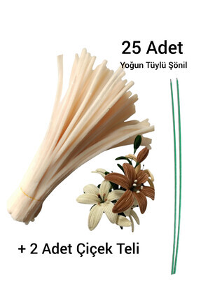 25 Adet Krem Şönil, 2 Adet Çiçek Teli, Çiçek Yapımına Uygun Tüylü Tel, 30 Cm 6 Mm Image 0