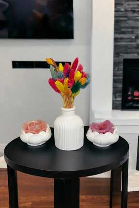 Estevia Kuru Çiçek Için Pampas Çizgili Vazo Ve Ikili Lotus Çiçeği Mumluk Set (3 PARÇA) Dekoratif Image 0