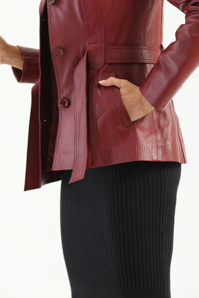 KADIN KUŞAKLI DÜĞMELİ DERİ CEKET Image 6