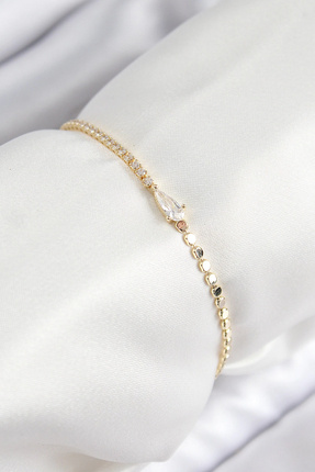 Pirinç Zirkon Taşlı Damla Model Ezme Zincir Gold Renk Kadın Bileklik Image 0