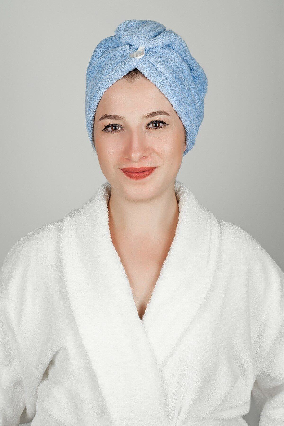 JUNG Düz Eponj Düğmeli Havlu Mavi Saç Kurulama Bonesi Saç Havlusu