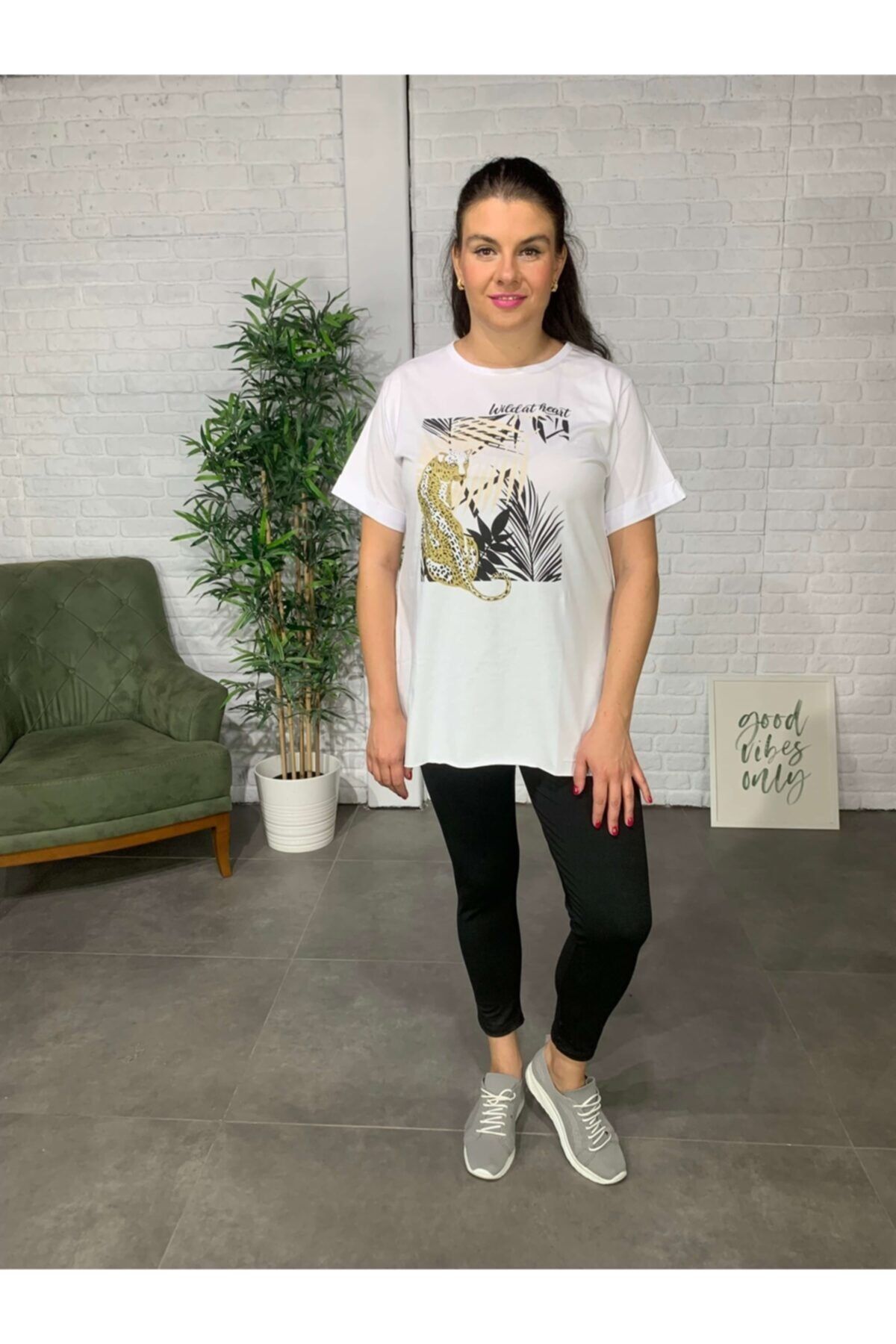 Roxxlen Kadın Beyaz Büyük Beden Baskılı T-shirt - 4413