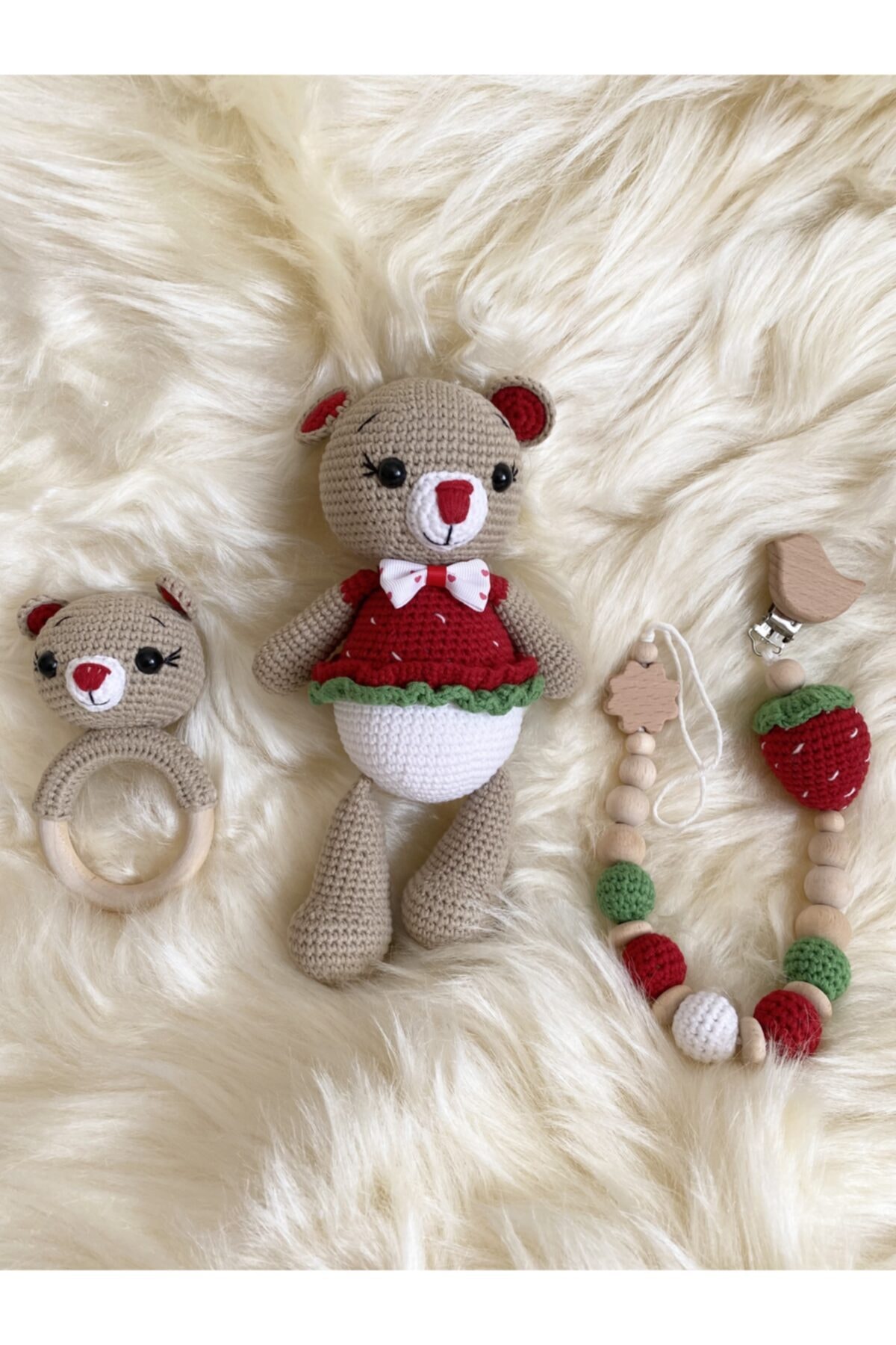 Bebe Çilek Ayıcık Amigurumi Oyuncak Seti 3’lü Kız K