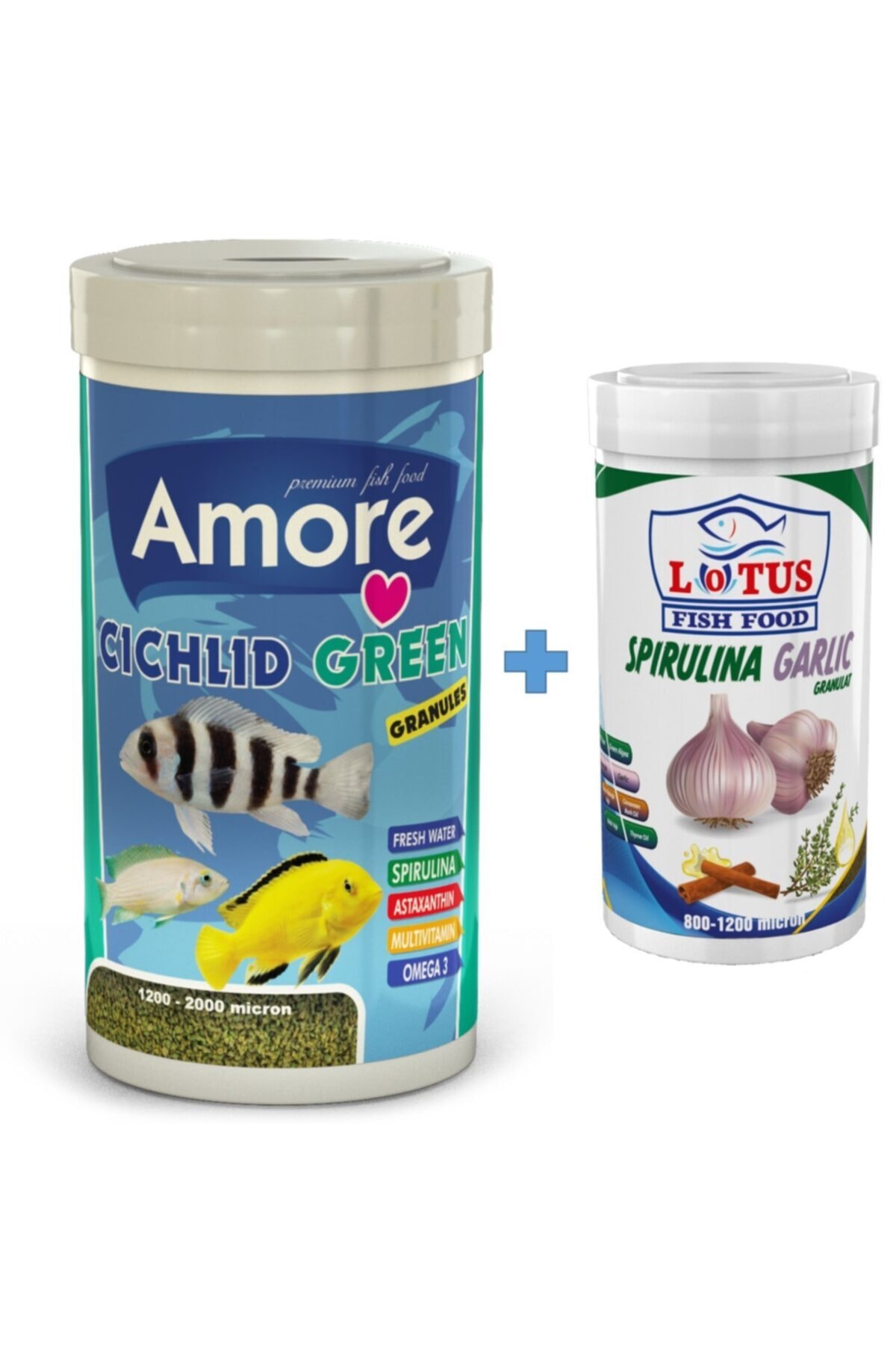AMORE Cichlid Green Granules 1000ml + Lotus Spirulina Garlic 250ml Balık Yemi
