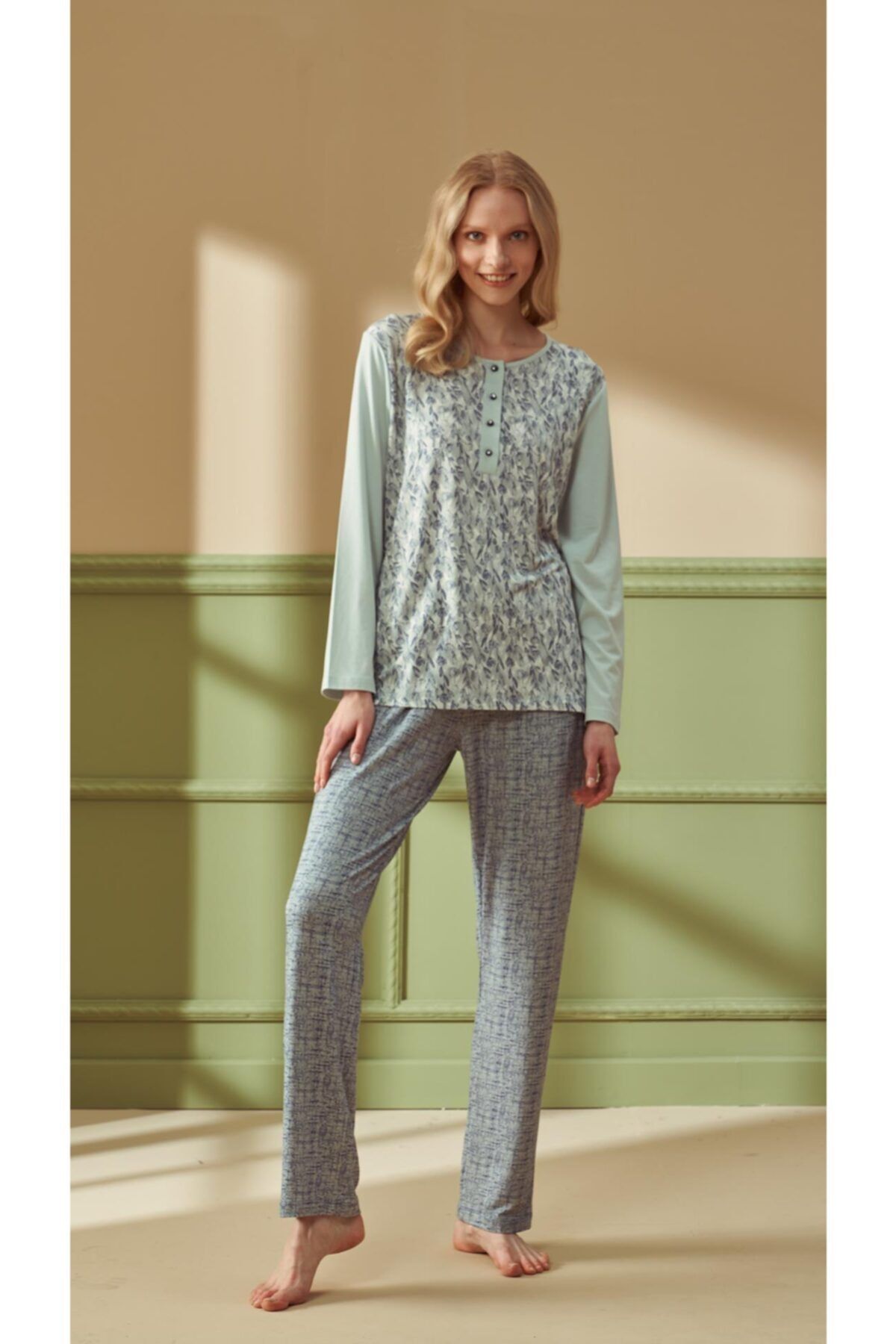Feyza 4282  Uzun Kol Mavi Pijama Takımı