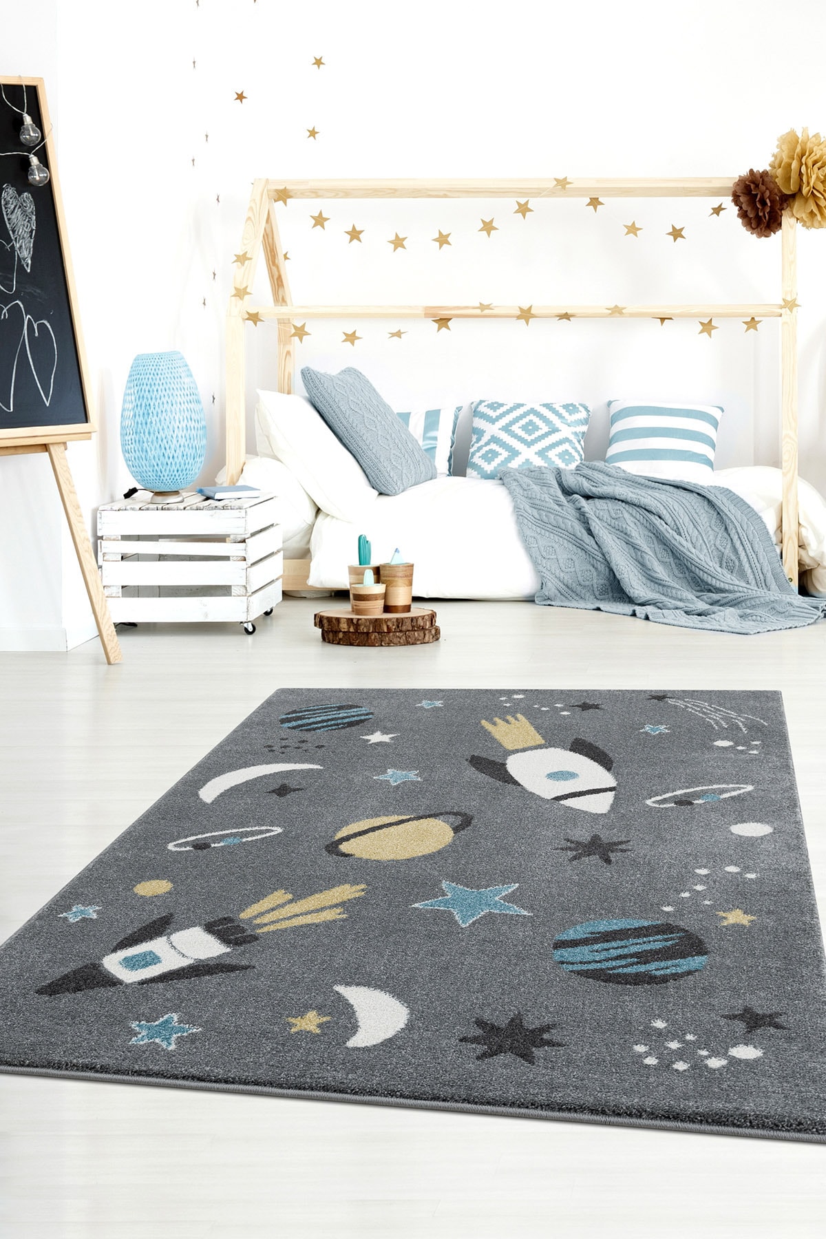 Eliz Home Gri Uzay Desenli Modern Makina Dokuma Erkek Çocuk Odası Halısı