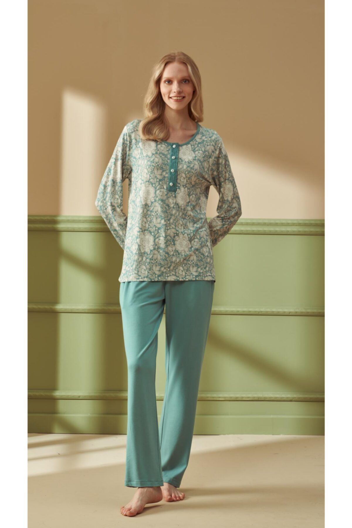Feyza 4287 Uzun Kol Yeşil Pijama Takımı