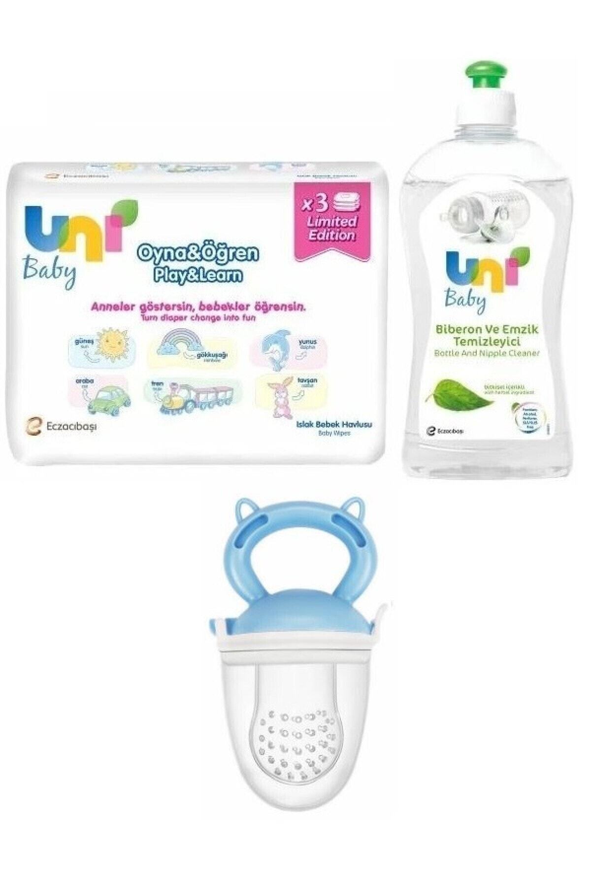 Uni Baby Oyna Öğren Mendil Seti 3lü+Temizleyici 500 ml+Meyve Süzgeci Mavi