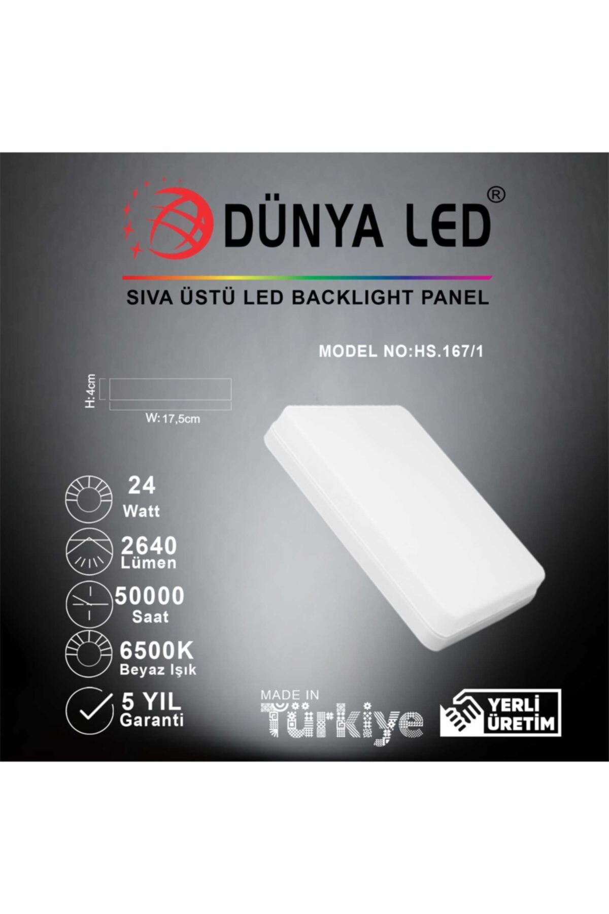 DÜNYA LED Hs.167/1 24w Sıva Üstü Led Backlight 6500k Beyaz Işık Kare