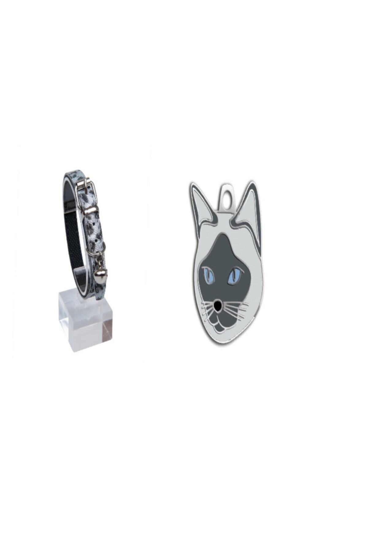EvimShopping Gümüş Leopar Desenli Tasma +gri Kül Rengi Siyam Kedisi Künyesi