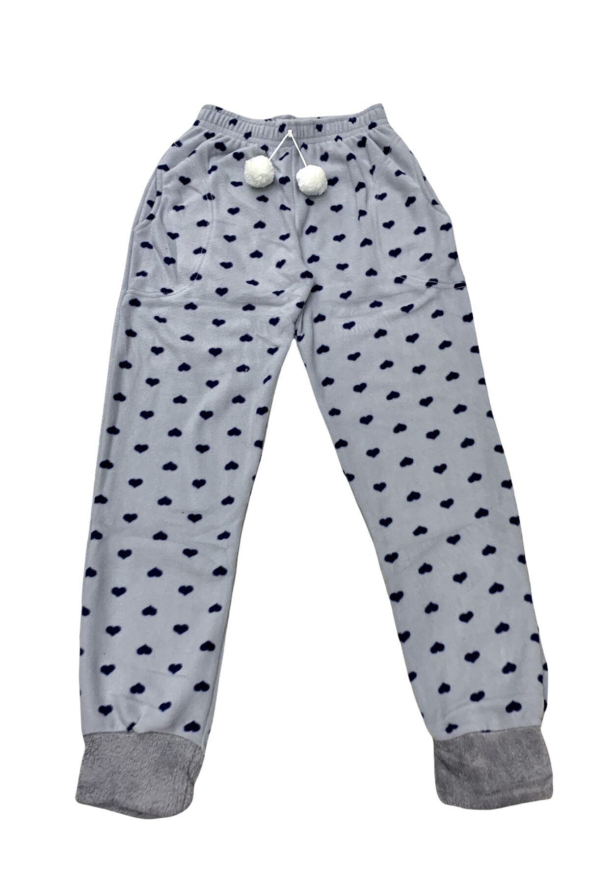OMODAM Kadın Slim Fit Desenli Tek Alt Peluş Polar Çepli Pijama