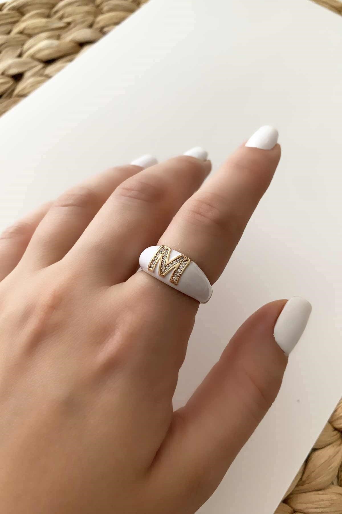Çlk Accessories M Harf Yüzük Ayarlanabilir Taşlı Mineli Yüzük Çlkyüzükm