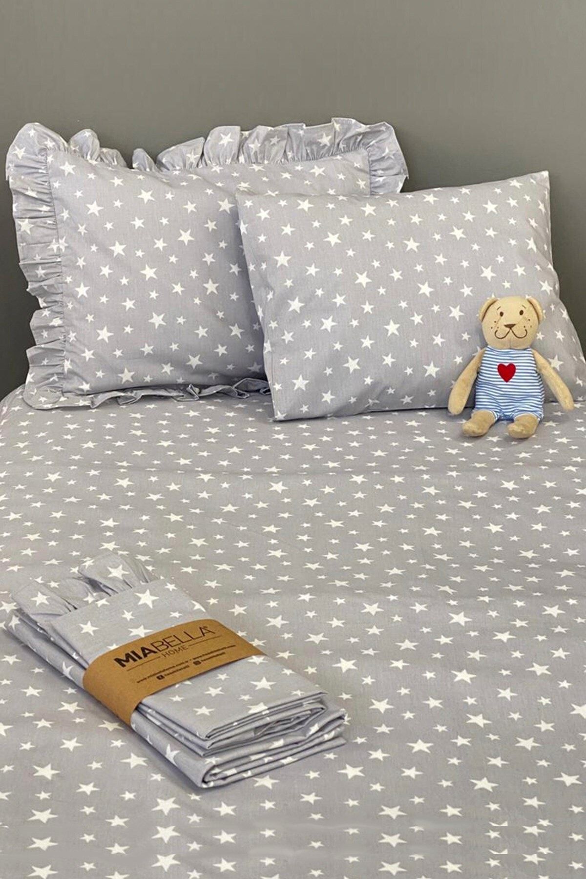 Miabella Home Bebek Çarşaf Yastık 3 Lü Set Beyaz Yıldızlı 11871