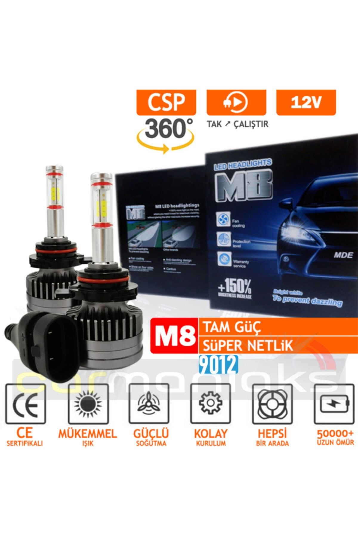 C9 Led 360 M8 9012 Full Power Csp 360° Led Xenon Far Ampulü %100 Canbus 12000lm