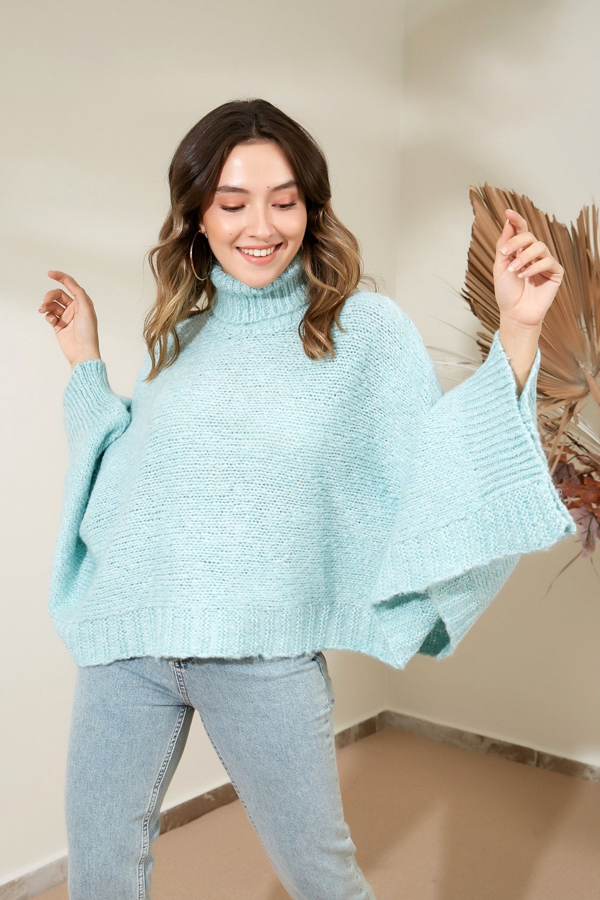 Sateen Kadın Mint Balıkçı Yaka Panço