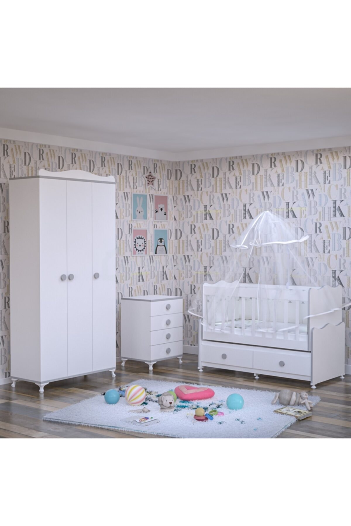 Garaj Home Elegant Yıldız 3 Kapaklı Bebek Odası Takımı - Yatak Ve Uyku Seti Kombinli-gri Uyku Seti Pembe
