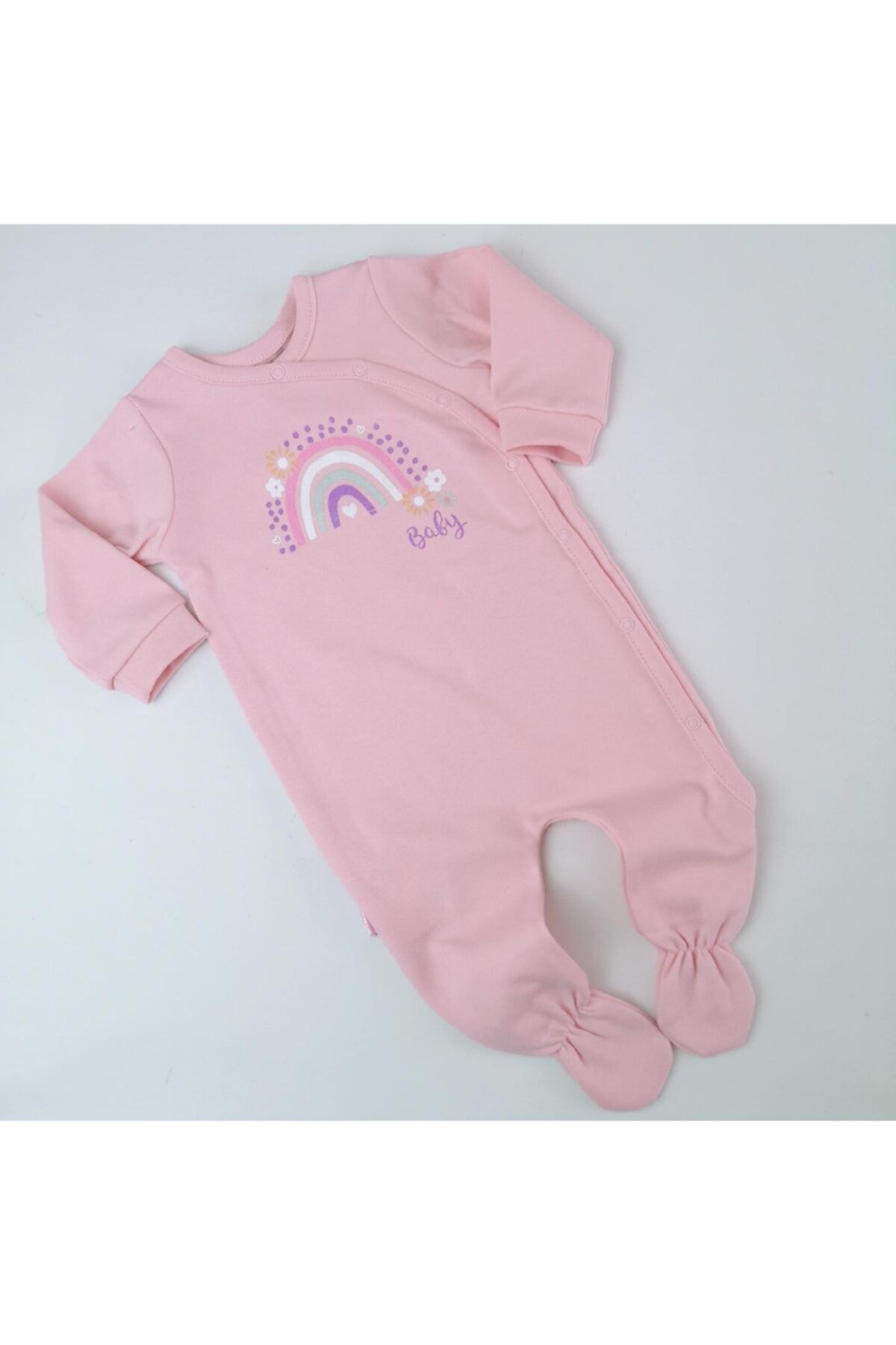 Caramel Gökkuşağı Baskılı Kız Bebek Tulum Pembe