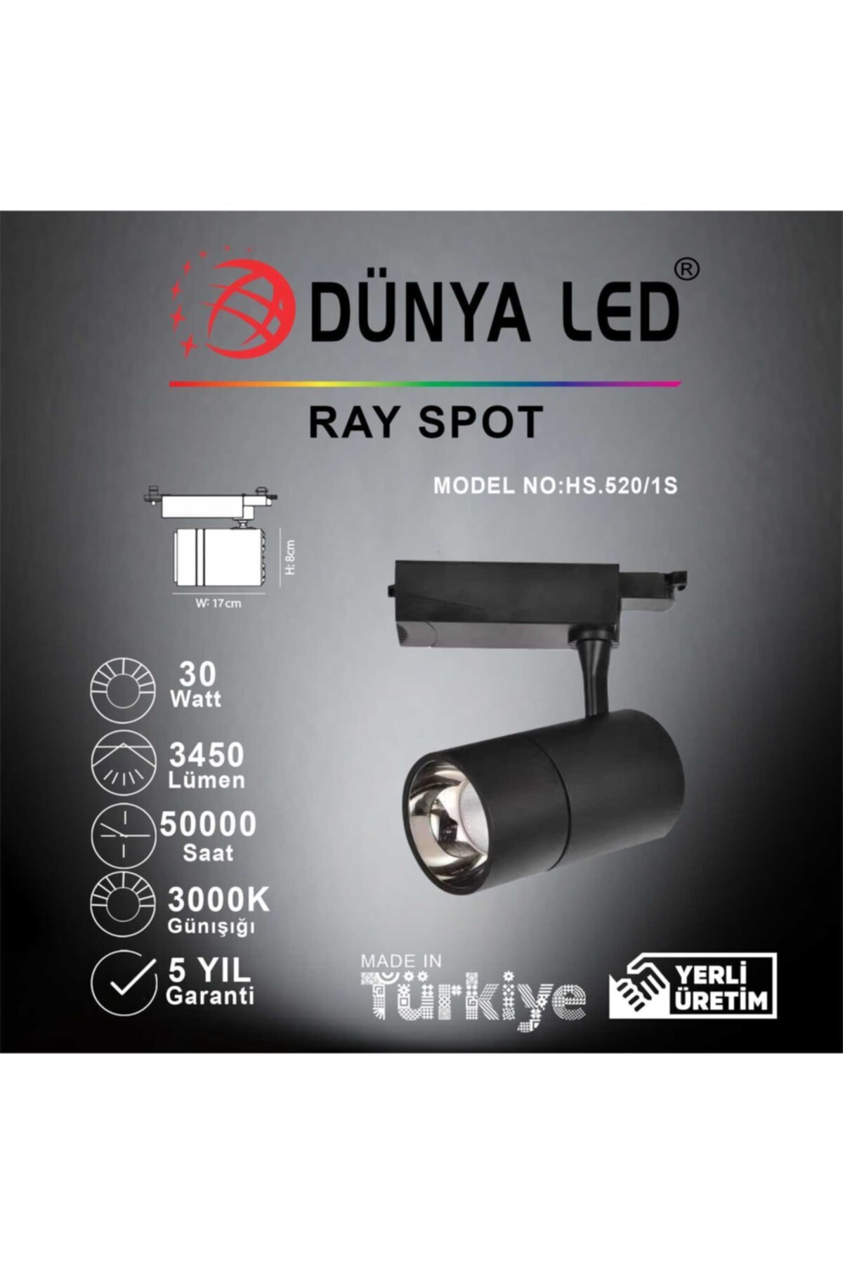 DÜNYA LED Hs.520/1s 30w Cob Led Ray Spot Siyah Kasa 6500k Beyaz Işık