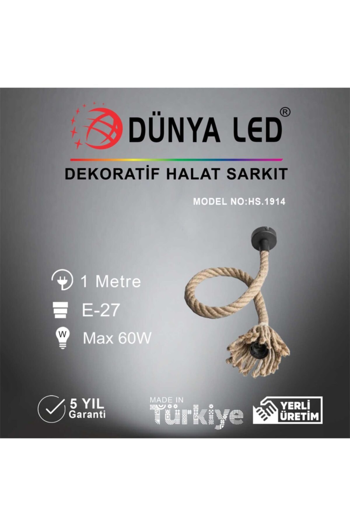 DÜNYA LED Hs.1914 E27 Tekli Halat Dekoratif Sarkıt Avize