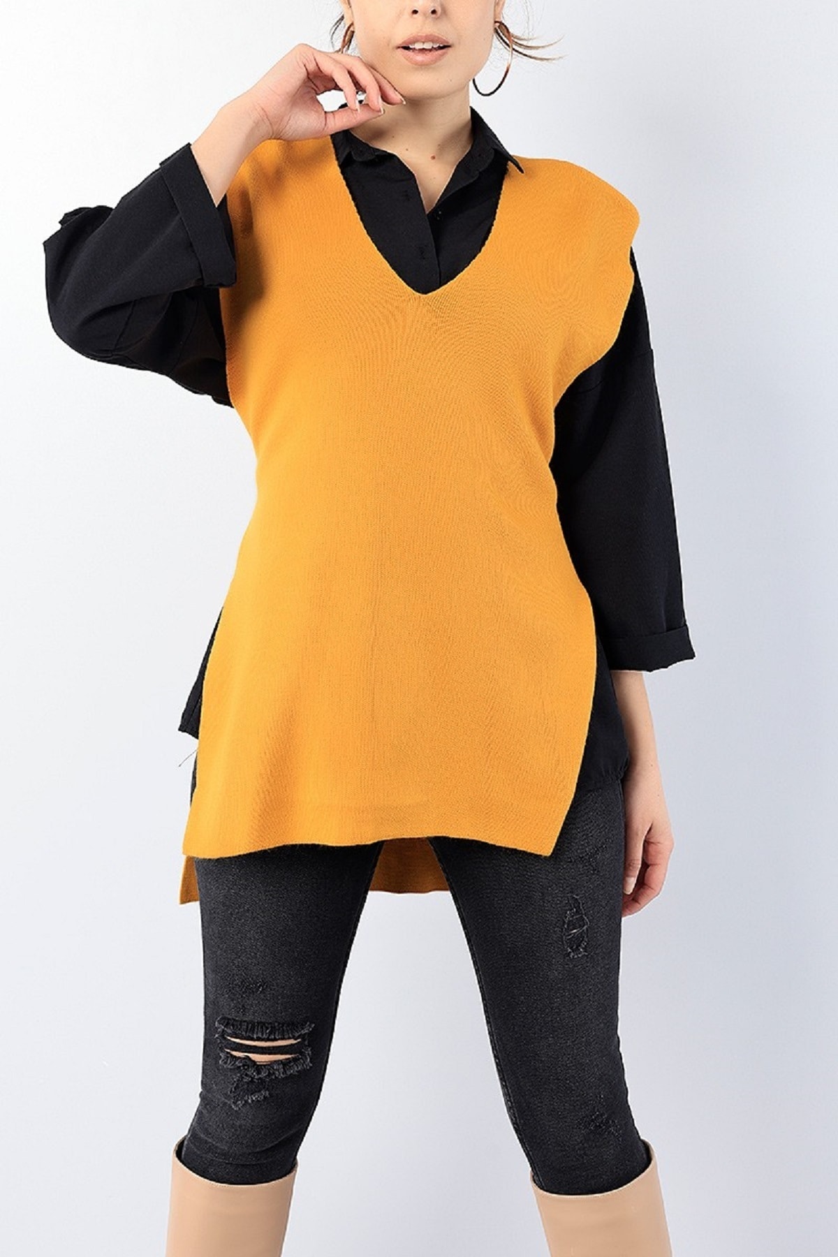 Md1 Collection Kadın Hardal Kendinden Kemerli Triko Süveter 75486