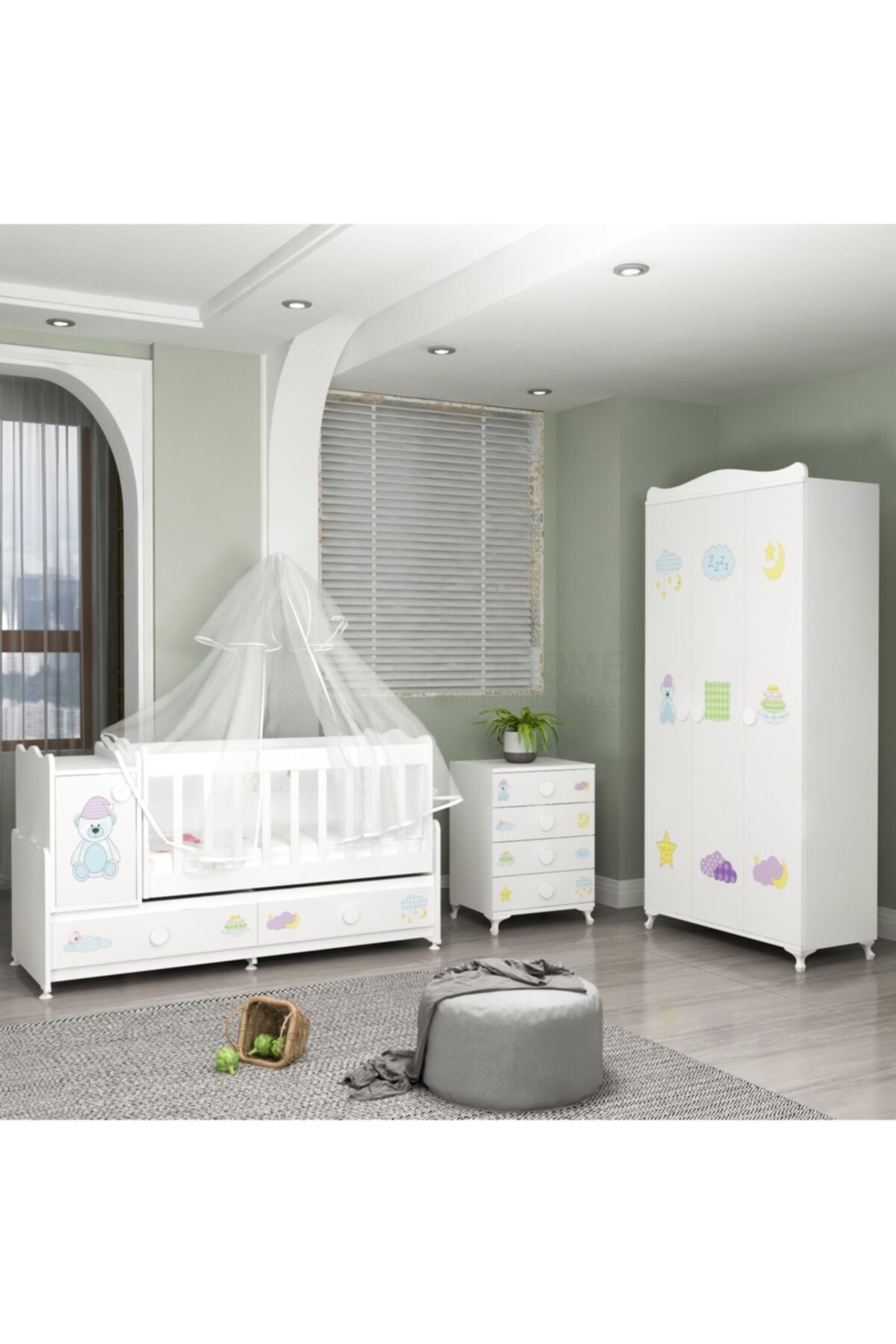 Garaj Home Pırlanta Yıldız 3lü Uykucu Bebek Odası Takımı Yatak Ve Uyku Seti Kombinli Uyku Seti Gri