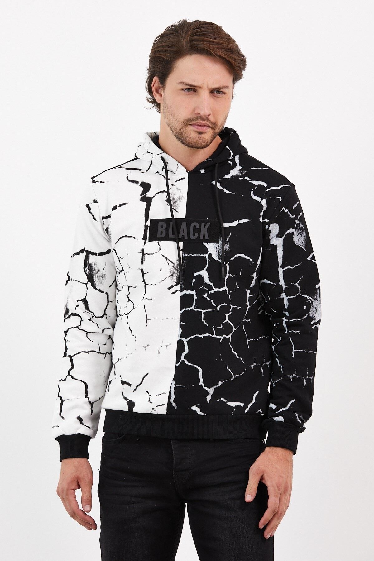 SPORTSTATİON Kapüşonlu Baskılı Siyah Beyaz Sweatshirt
