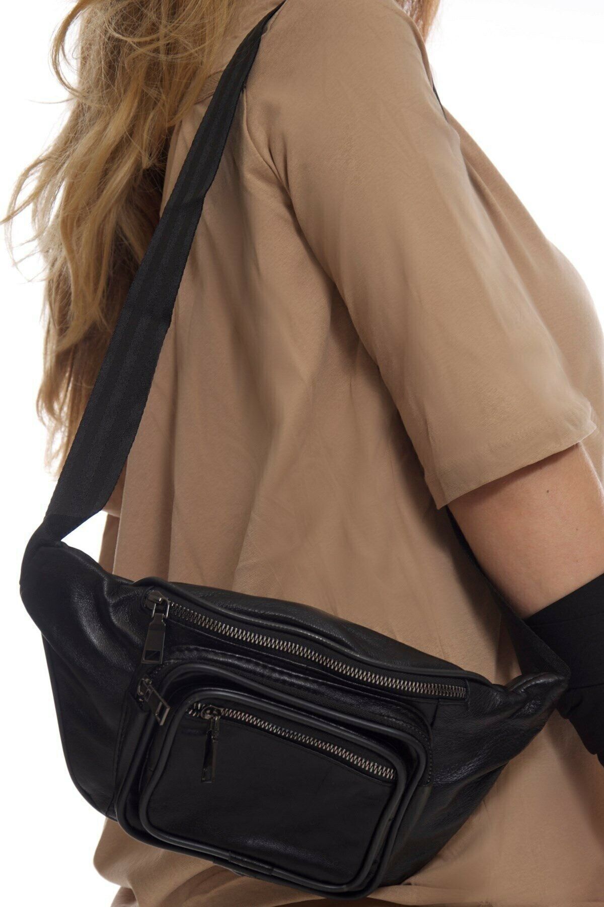 NahitaTyana Unisex Siyah Çok Cepli Hakiki Deri Freebag Bel Çantası